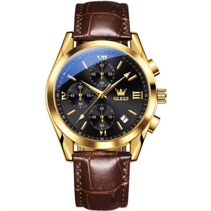 OLEVS Reloj 2872 Top Brand Luxury Waterproof Clock Brown Leather Sports Wrist Watch Relogio Masculino Quartz Watch For Men Dial Black