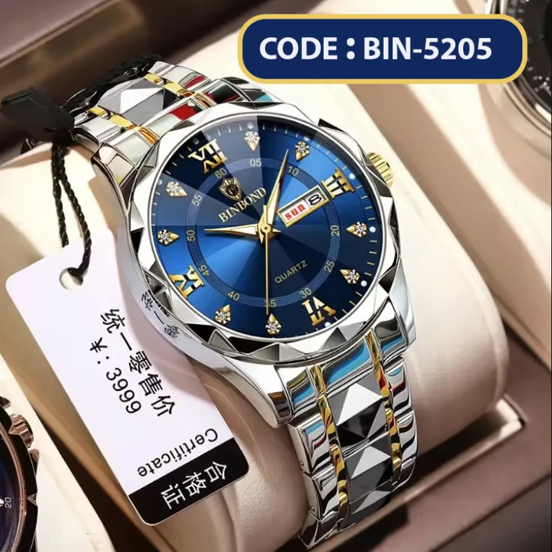 BINBOND Luminous 2521 quartz waterproof fashion watch for men date stainless steel watches wrist