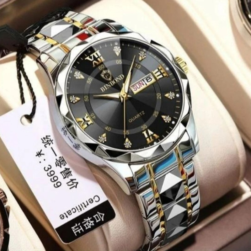 BINBOND Luminous 2521 quartz waterproof fashion watch for men date stainless steel watches wrist Black Dial