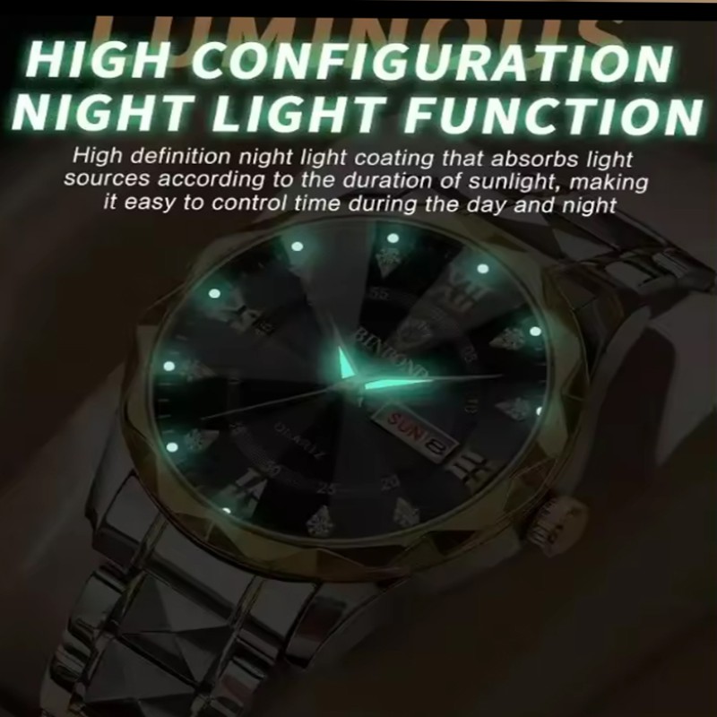 BINBONG 2521 Luxury Dual Calendar Week Display Golden Stainless Steel Waterproof Luminous Quartz Watch for Men