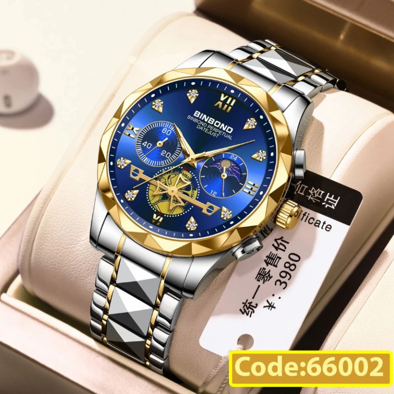 BINBONG 2521 Luxury Dual Calendar Week Display Golden Stainless Steel Waterproof Luminous Quartz Watch for Men