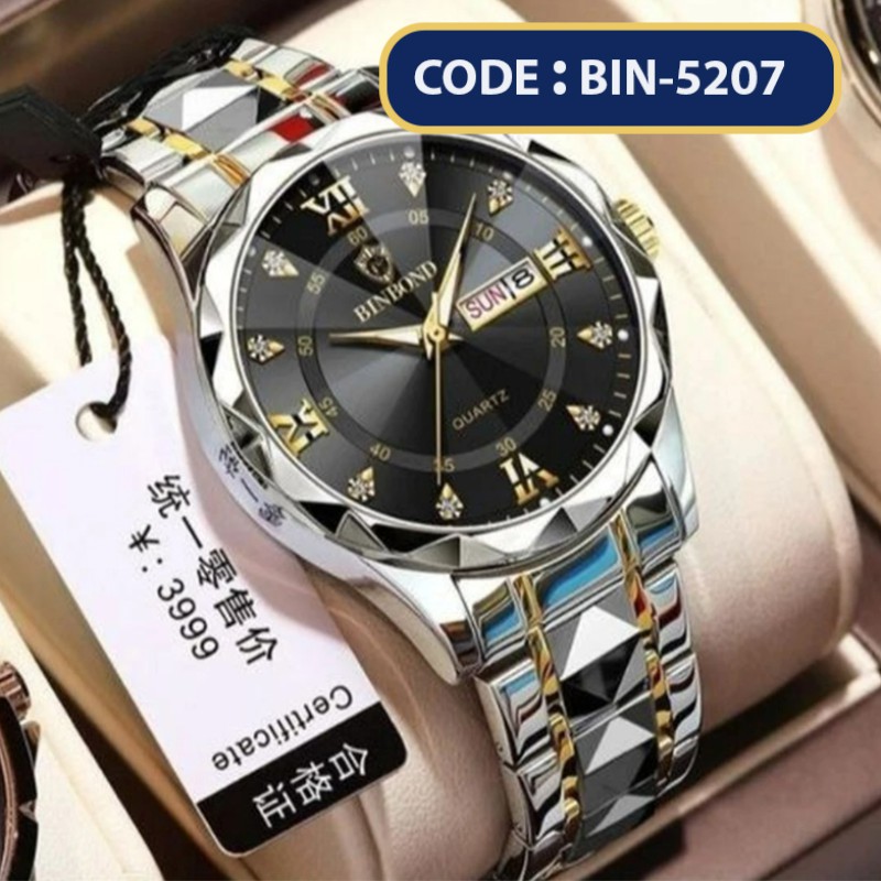 BINBOND Luminous 2521 quartz waterproof fashion watch for men date stainless steel watches wrist Black Dial