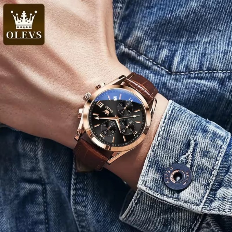 OLEVS Reloj 2872 Top Brand Luxury Waterproof Clock Brown Leather Sports Wrist Watch Relogio Masculino Quartz Watch For Men Dial Black