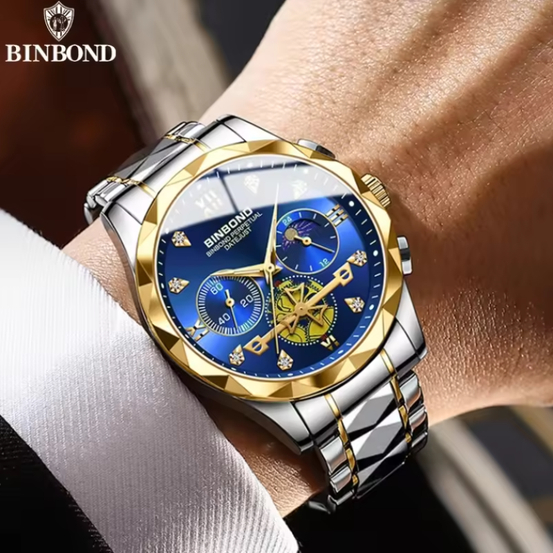 BINBONG 2521 Luxury Dual Calendar Week Display Golden Stainless Steel Waterproof Luminous Quartz Watch for Men