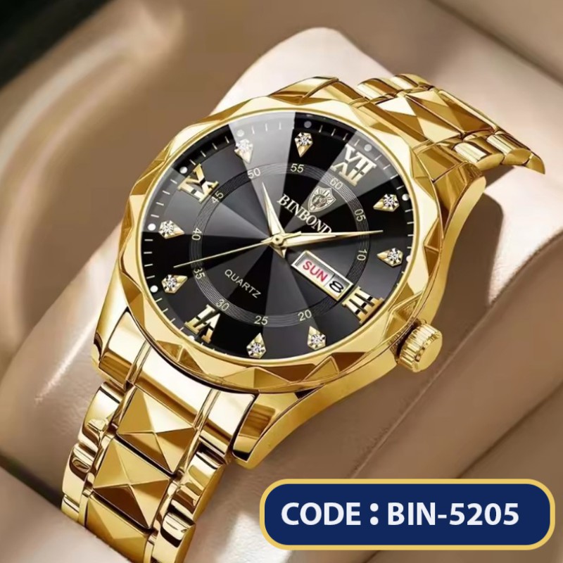 BINBOND 2521 Trendy Luxury Custom Hot Selling Waterproof Latest Men Quartz Watches with Stainless Steel Band. Golden Body Dial Black