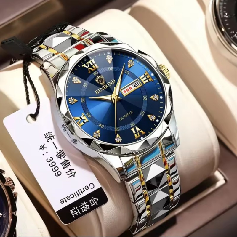 BINBOND Luminous 2521 quartz waterproof fashion watch for men date stainless steel watches wrist