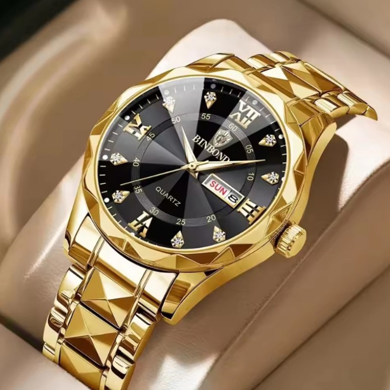 BINBOND 2521 Trendy Luxury Custom Hot Selling Waterproof Latest Men Quartz Watches with Stainless Steel Band. Golden Body Dial Black