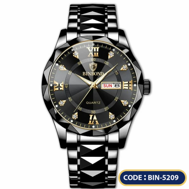 BINBONG 2521 Luxury Dual Calendar Week Display Golden Stainless Steel Waterproof Luminous Quartz Watch for Men