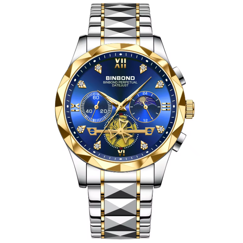 BINBONG 2521 Luxury Dual Calendar Week Display Golden Stainless Steel Waterproof Luminous Quartz Watch for Men