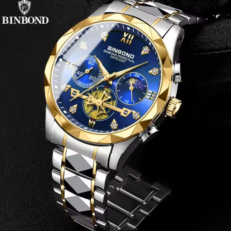 BINBONG 2521 Luxury Dual Calendar Week Display Golden Stainless Steel Waterproof Luminous Quartz Watch for Men