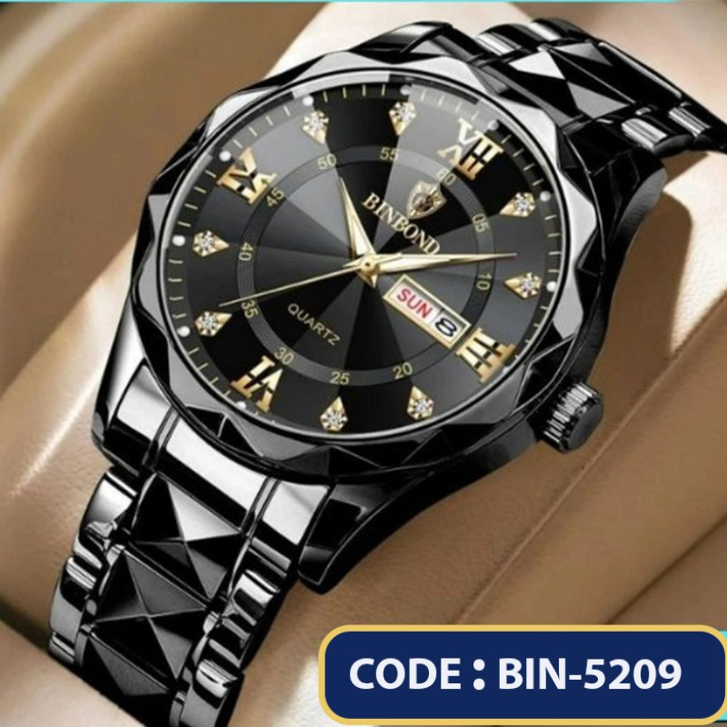 BINBONG 2521 Luxury Dual Calendar Week Display Golden Stainless Steel Waterproof Luminous Quartz Watch for Men